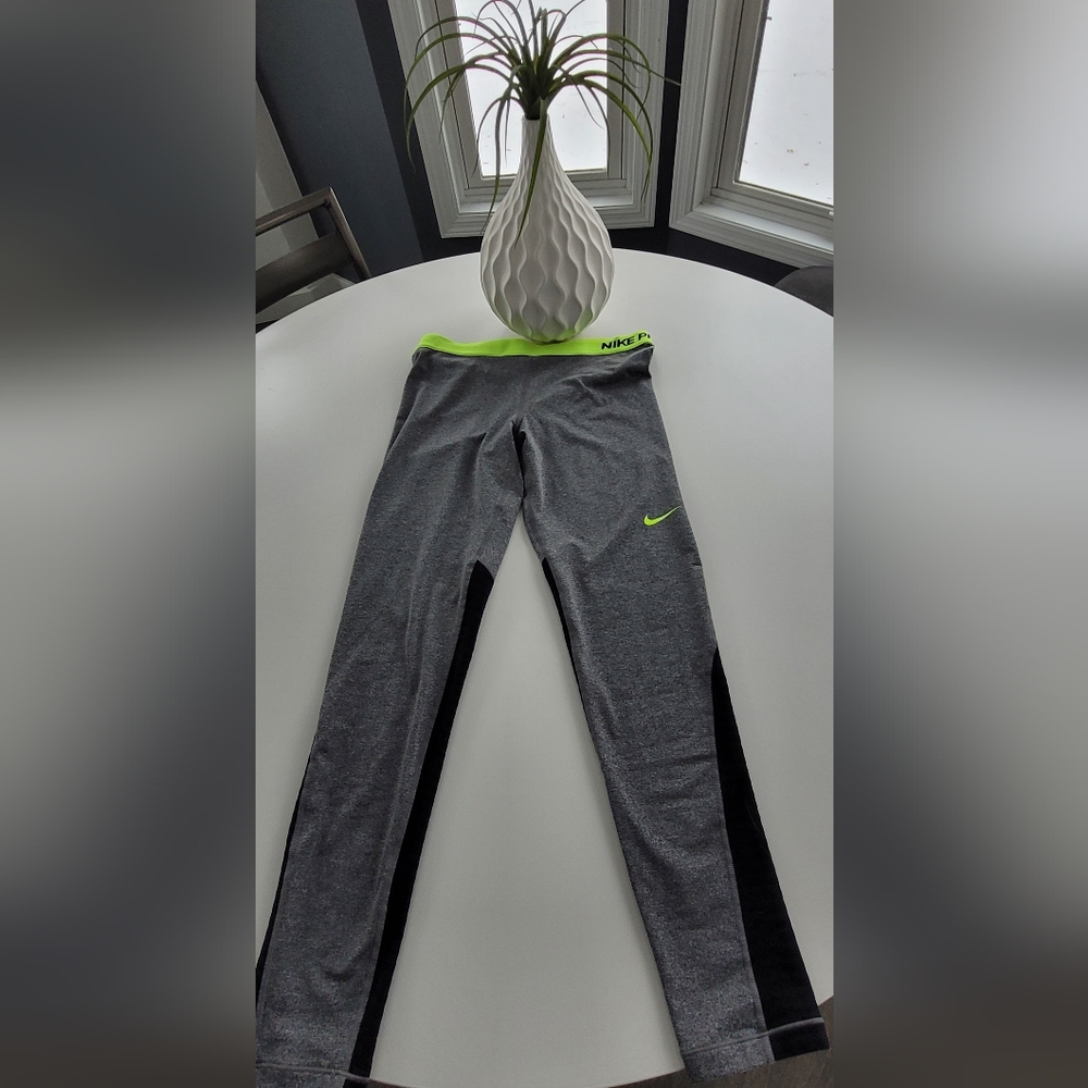 Nike Gray Leggings with Black and Neon Green Accents